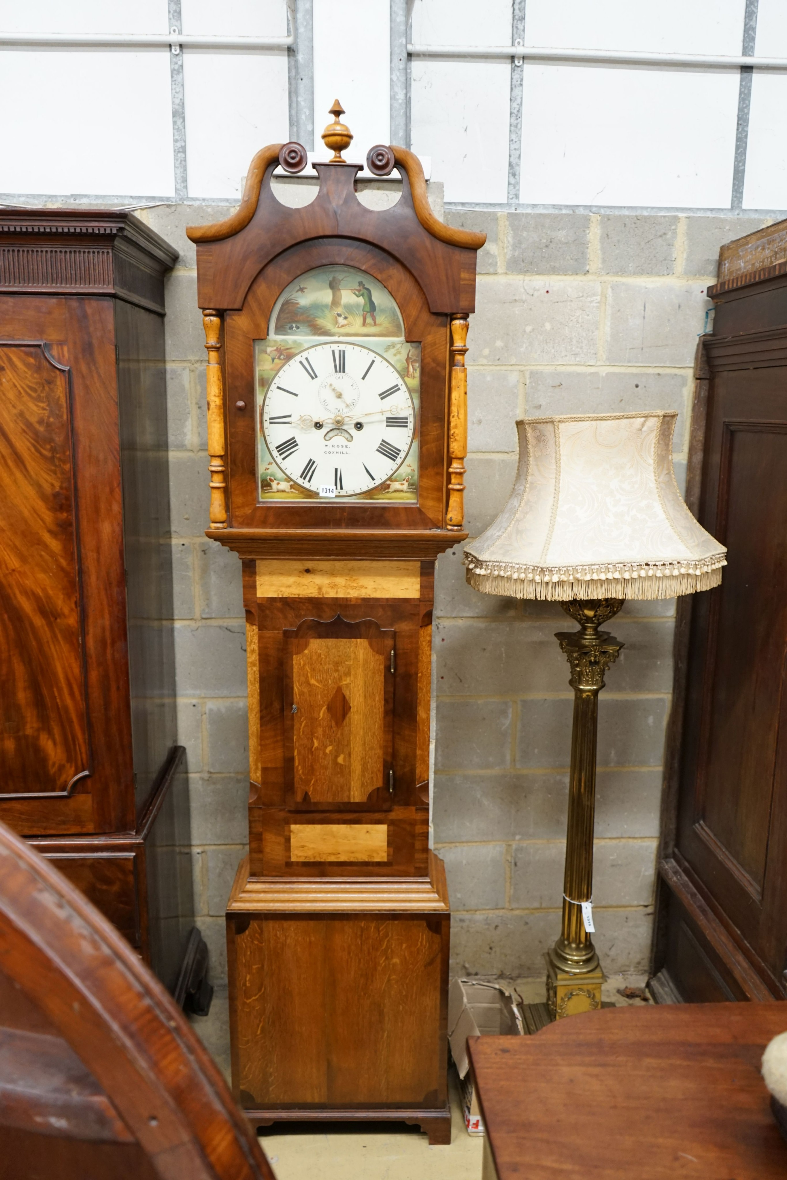 An early Victorian maple banded oak eight day longcase clock marked Rose, Coxhill, height 228cm